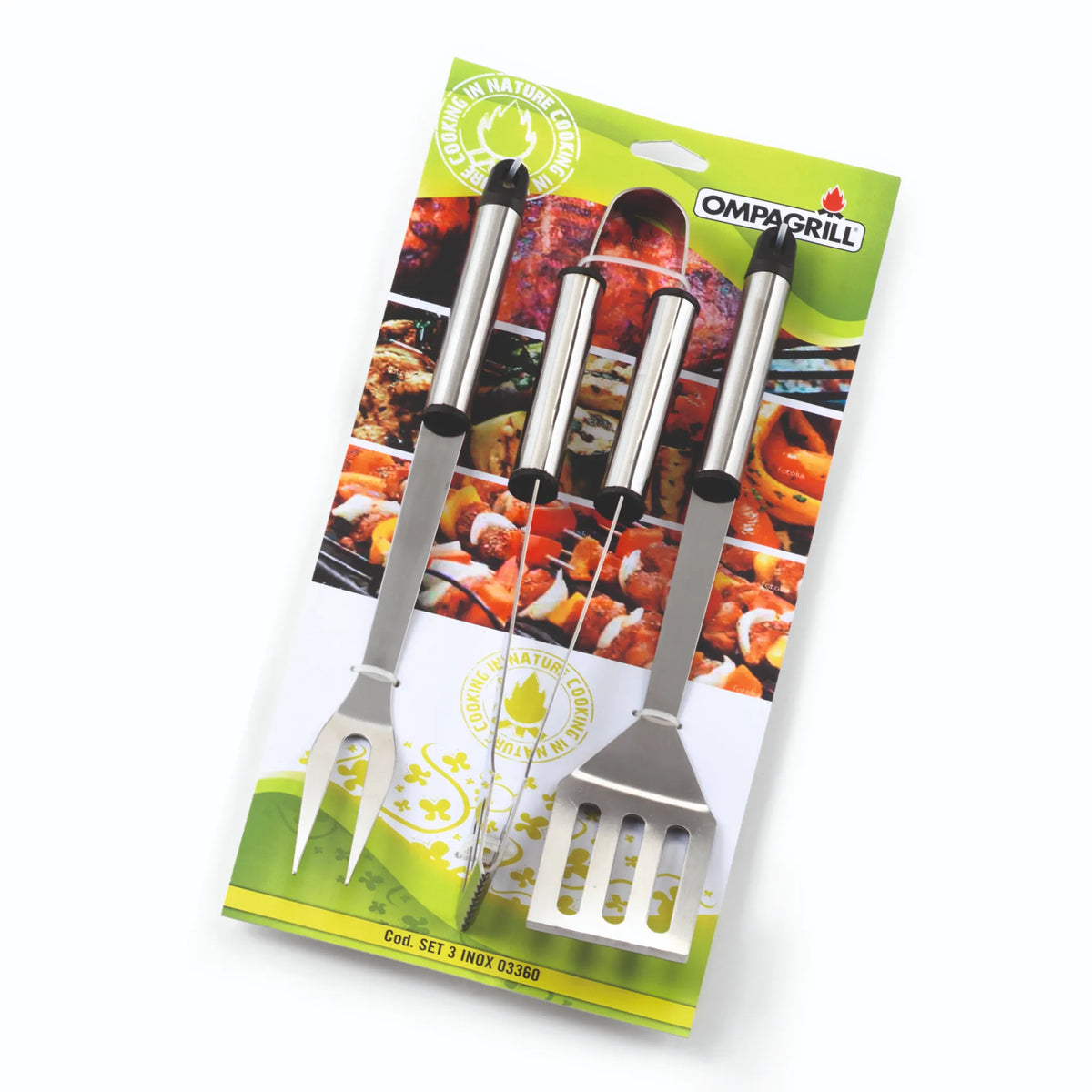 OMPAGRILL - Set 3 Pezzi Barbecue Acciaio Inox 03360 | 36cm | Pinza, Paletta e Forchettone | Blister