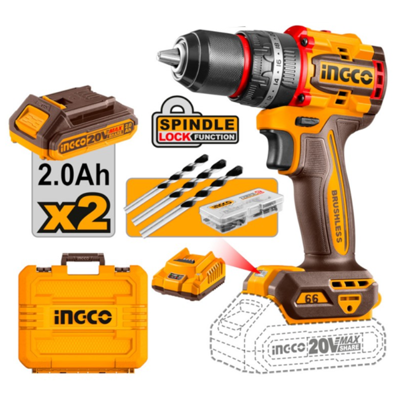 INGCO - Perceuse à percussion Brushless CIDLI20668E | 66Nm | 2 batteries 2Ah | 47 accessoires | Valise