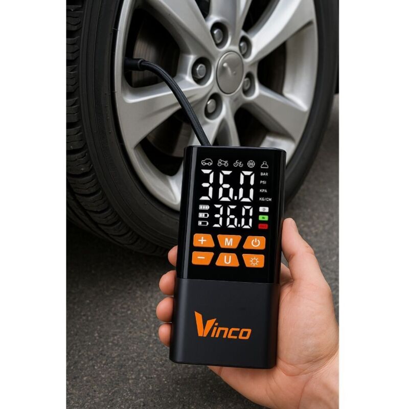 VINCO Compressore Portatile 60625 | Doppio Display LCD | PowerBank | Manometro Digitale | Auto Moto Bici