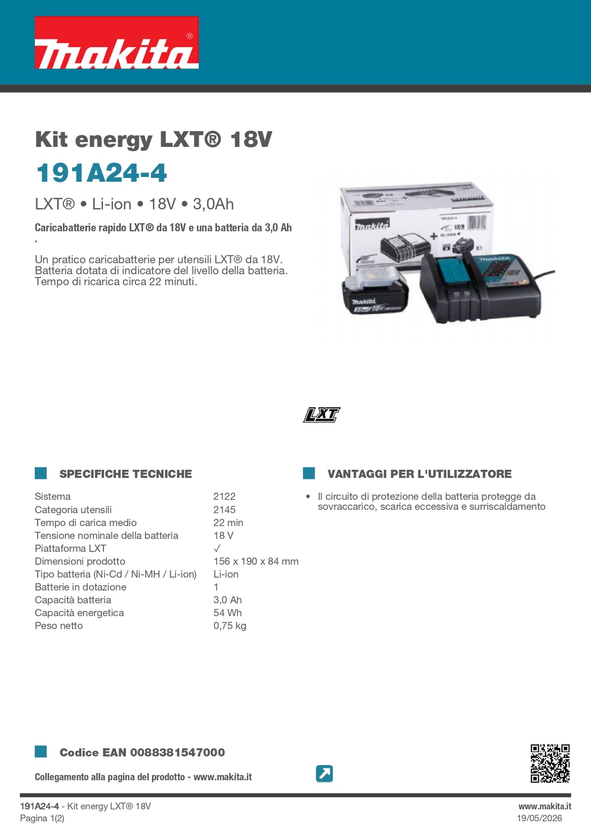 MAKITA - Kit Energy LXT 191A24-4 | 18V | 1x BL1830B 3,0Ah + Caricabatterie Rapido DC18RC
