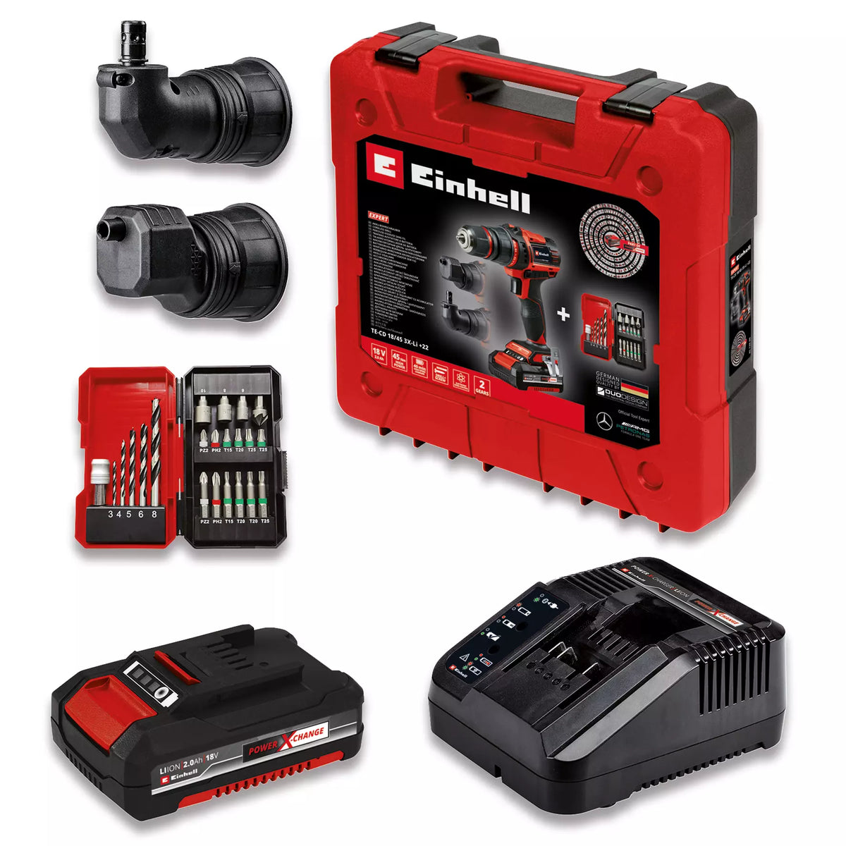 Trapano Avvitatore multifunzione TE-CD 18/45 3X-Li +22 (mandrino amovibile, attacco angolare, attacco eccentrico, 22 accessori, batteria da 18V 2,0Ah, caricabatteria + E-Box)