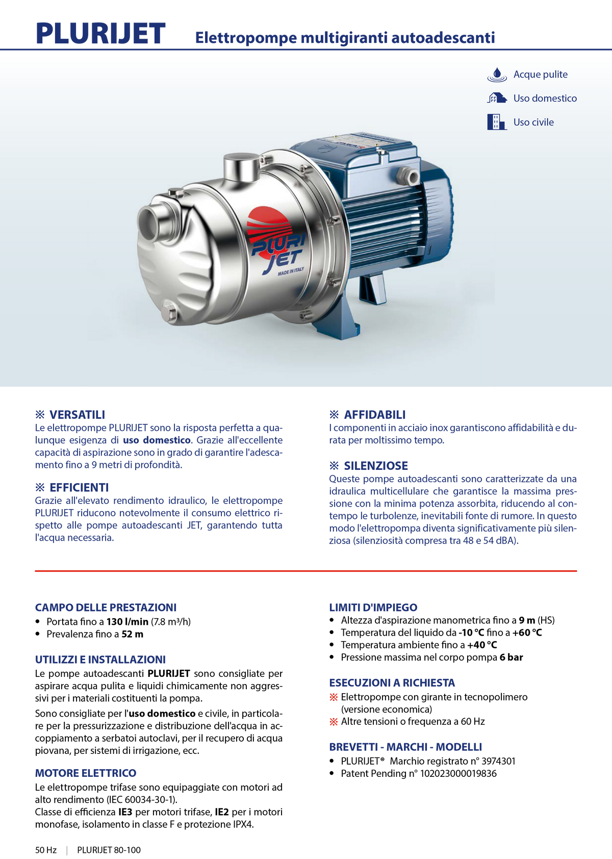 PEDROLLO – Elettropompa Multigirante Autoadescante PLURIJETm 4/100 | 1,0 HP | 130 l/min | Prevalenza 52m | Inox AISI 304