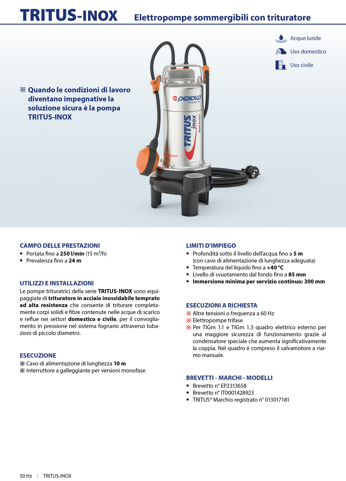 Pedrollo TRITUS-Inox TIGm 0.75 1HP submersible electric pump with grinder for drainage of cesspits and sewage