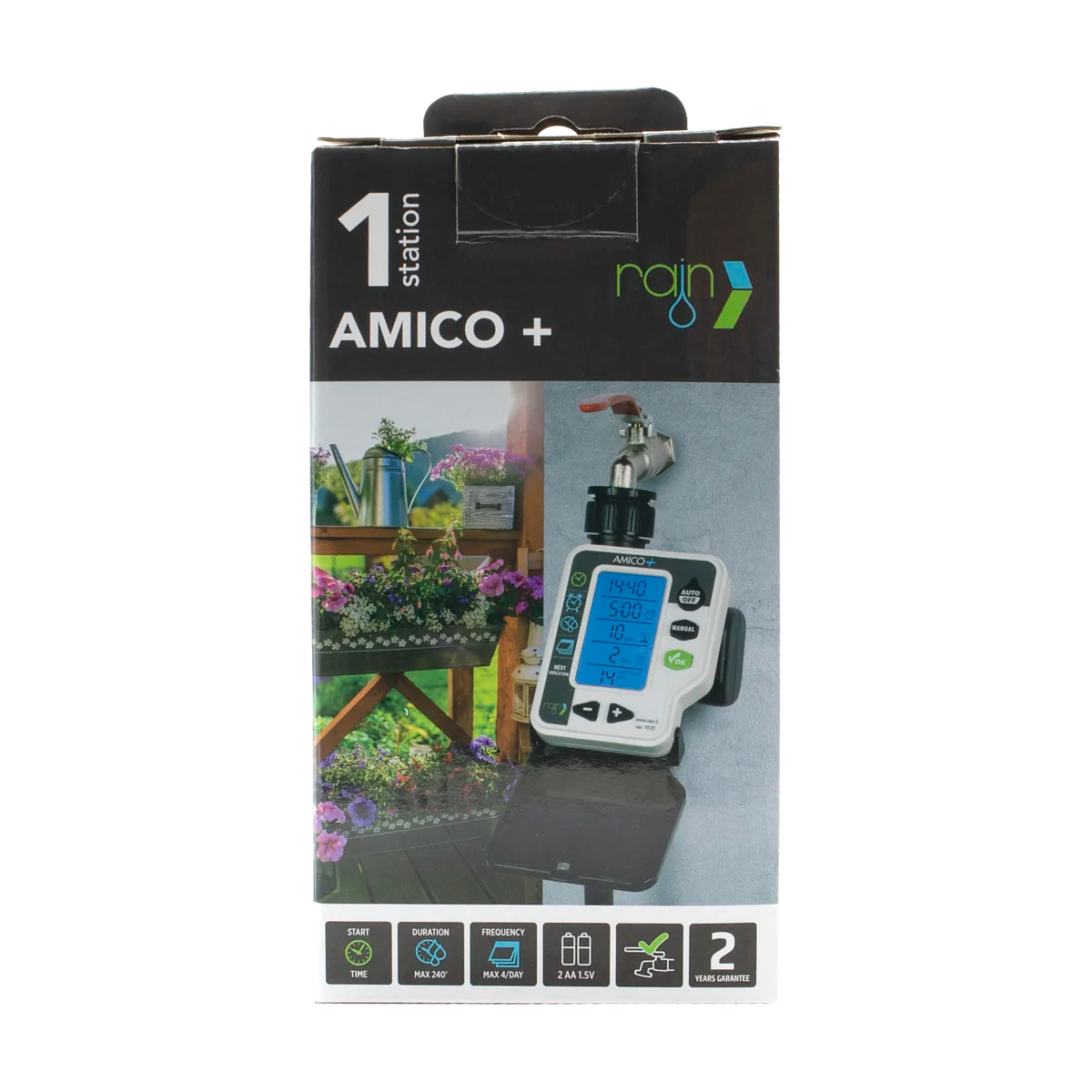RAIN - Programmatore Irrigazione AMICO+ | 1 Zona | Batteria | Display 3" Retroilluminato | 1-6 Bar