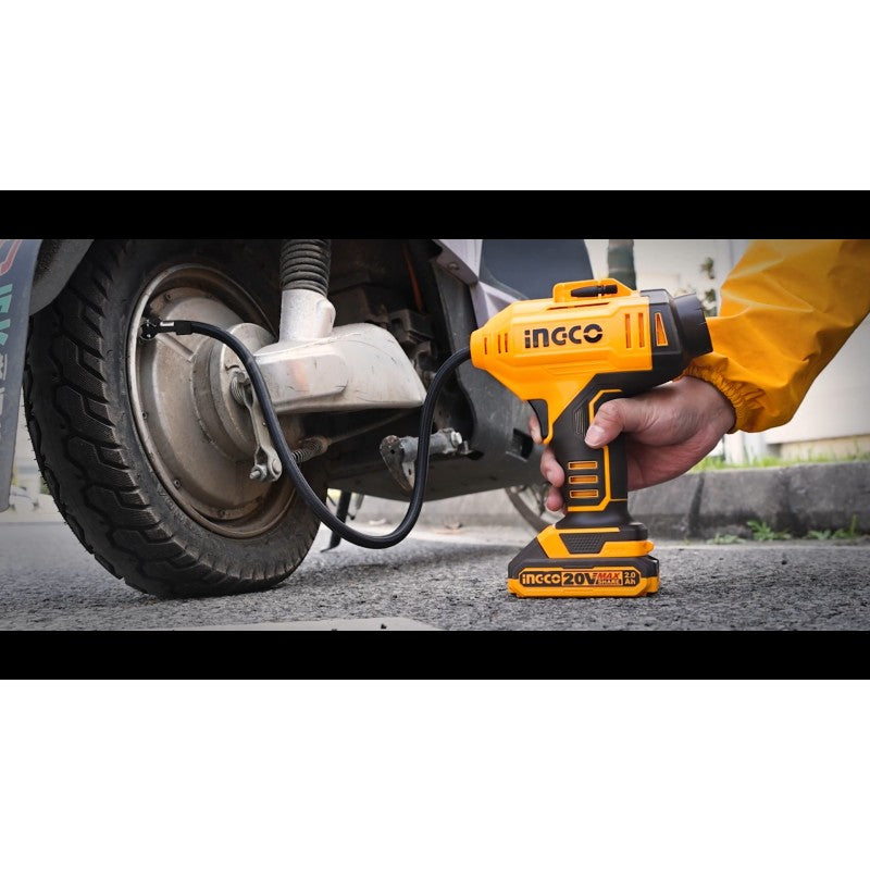 INGCO - Compressore Portatile a Batteria CACLI2018E | 20V | 150 PSI / 10,34 BAR | Luce LED | 3 Adattatori | Solo Corpo