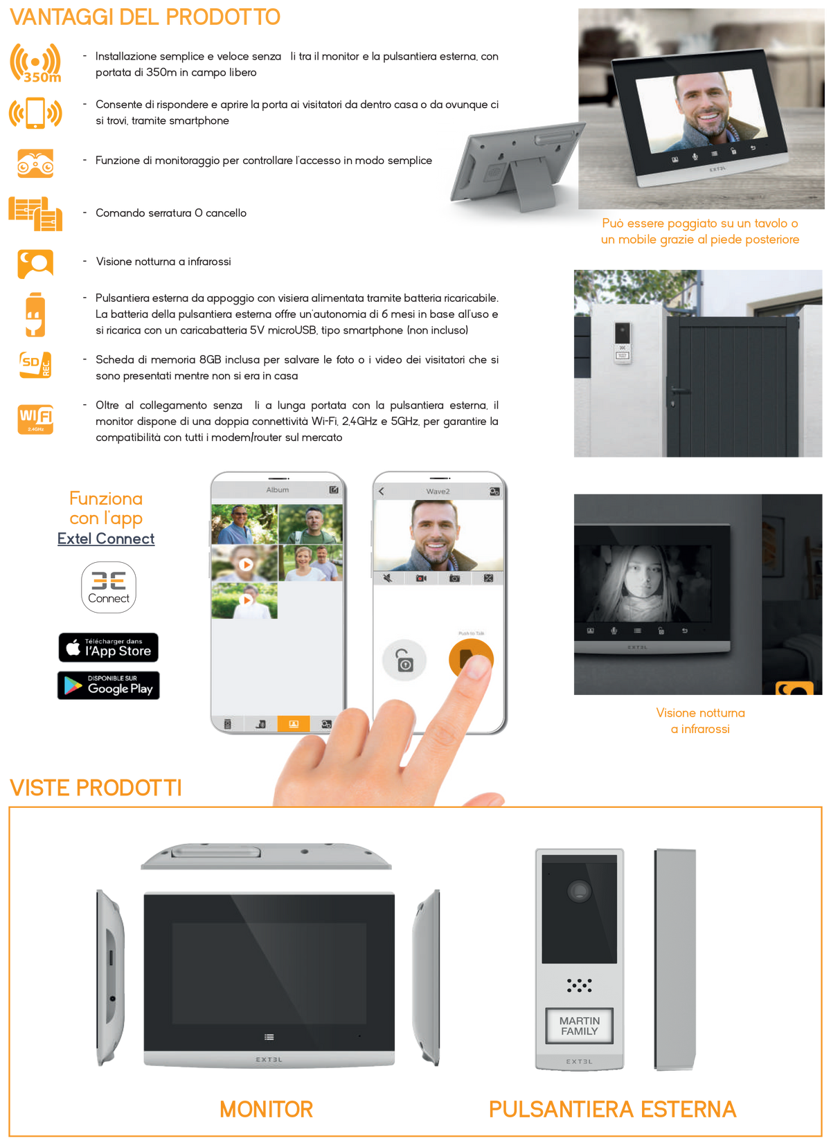 EXTEL - Videocitofono Wi-Fi Senza Fili Wave 2 | Portata 350m | Schermo 3,5" | Visione Notturna | App Mobile