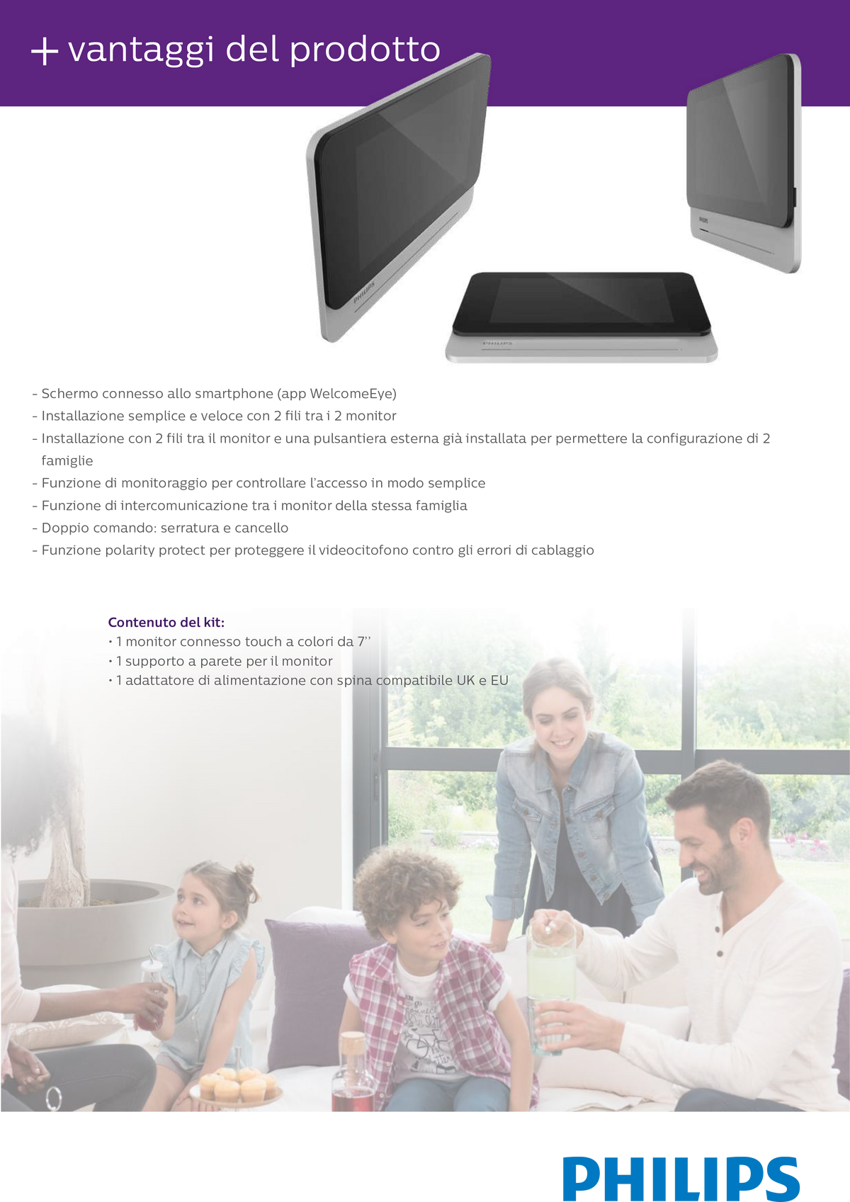 PHILIPS - WelcomeEye Add Connect 531038 | Monitor Aggiuntivo Wi-Fi 7" Touch | App WelcomeEye | 2 Fili | Bifamiliare