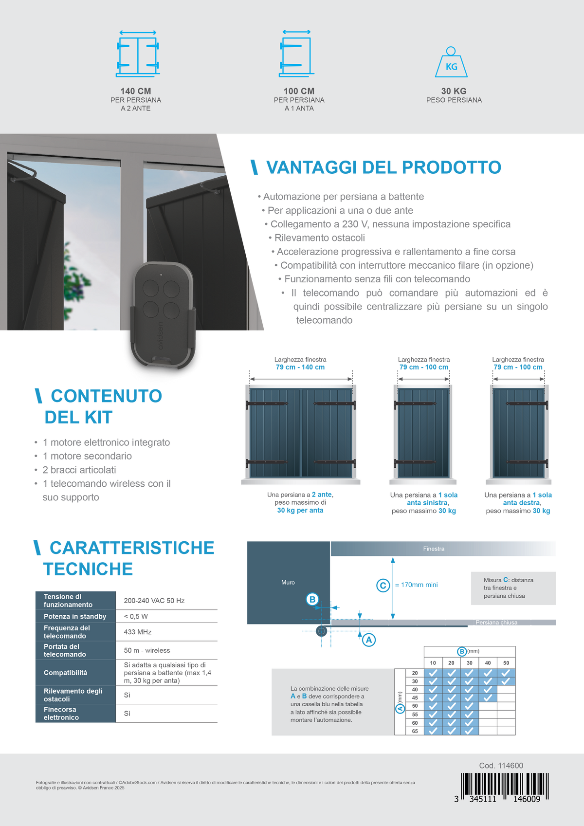 AVIDSEN - Kit Automazione Persiane a Battente Open-W 114600 | 230V | 1 o 2 Ante | Telecomando | Rilevamento Ostacoli