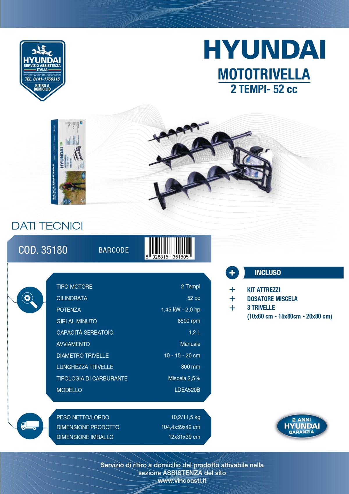HYUNDAI - Mototrivella 2 Tempi 52cc LDEA520B 35180 | 3 Trivelle | 1,45kW | Kit Completo