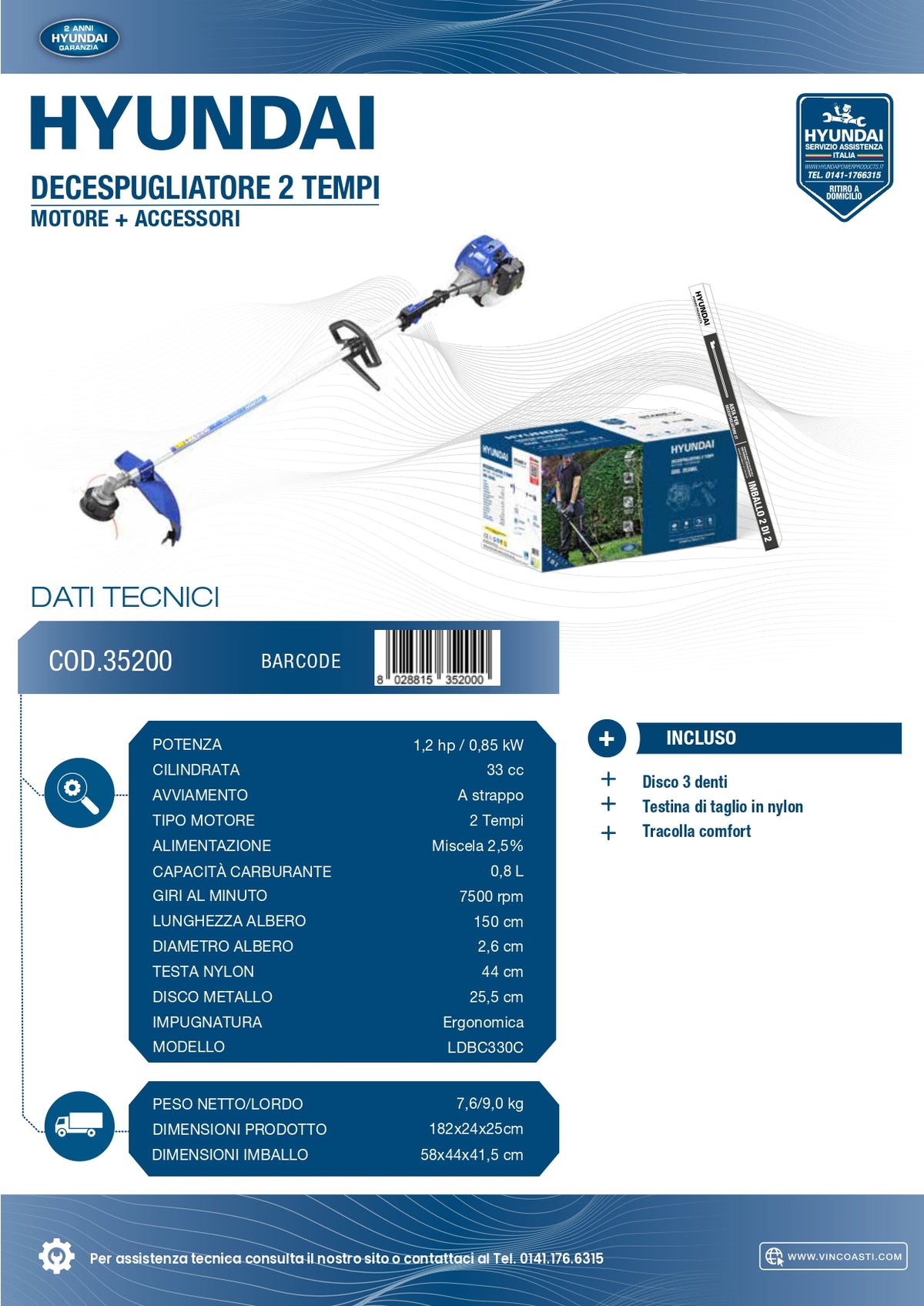 HYUNDAI - Decespugliatore 2 Tempi 33cc LDBC330C 35200 | 1,2hp | 7500rpm | Disco 3 Denti + Testina Nylon | 150cm