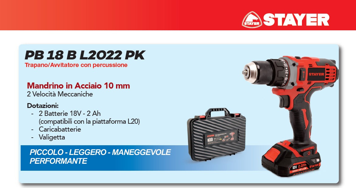 18V Impact Drill Driver with 2 x 2Ah Batteries in Case - STAYER PB 18 B L2022 PK