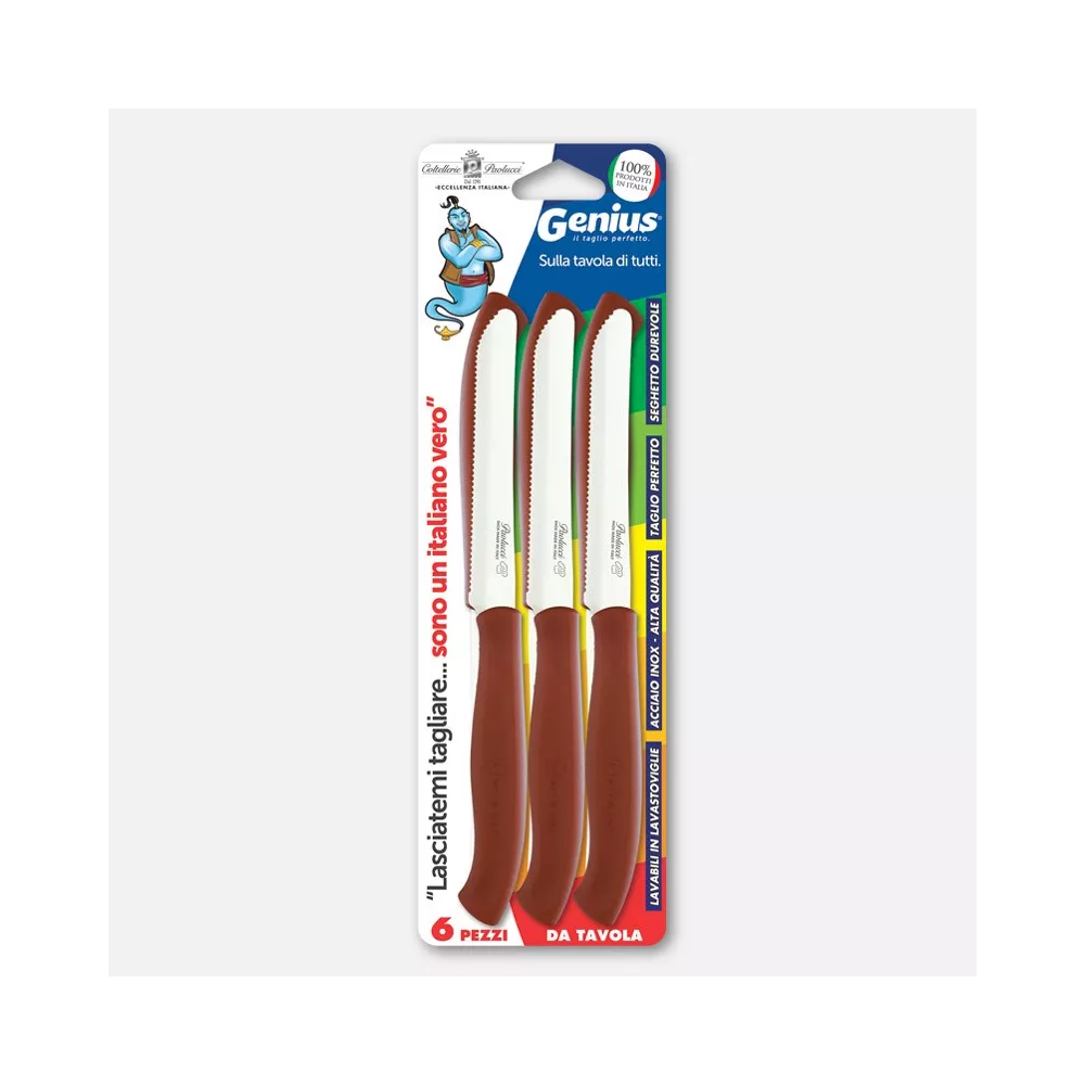 COLTELLERIE PAOLUCCI - Set 6 Couteaux de Table Lame Dentelée 11 cm GENIUS | Acier Inoxydable | Fabriqué en Italie | Lave-vaisselle | Manche Polypropylène