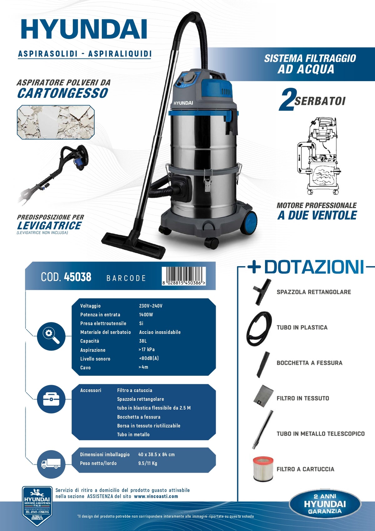 HYUNDAI - Aspiratore Solidi e Liquidi 38L 1400W 45038 | Filtro Acqua 2 Serbatoi | Cartongesso | Inox | 2 Ventole