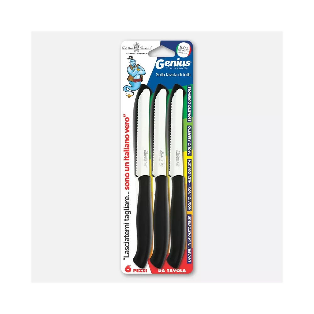 COLTELLERIE PAOLUCCI - Set 6 Couteaux de Table Lame Dentelée 11 cm GENIUS | Acier Inoxydable | Fabriqué en Italie | Lave-vaisselle | Manche Polypropylène