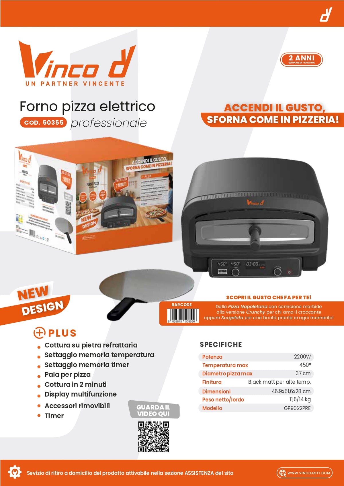 VINCO Forno Pizza Elettrico 50355 | 2200W | Ø37cm | Timer | Pietra Refrattaria