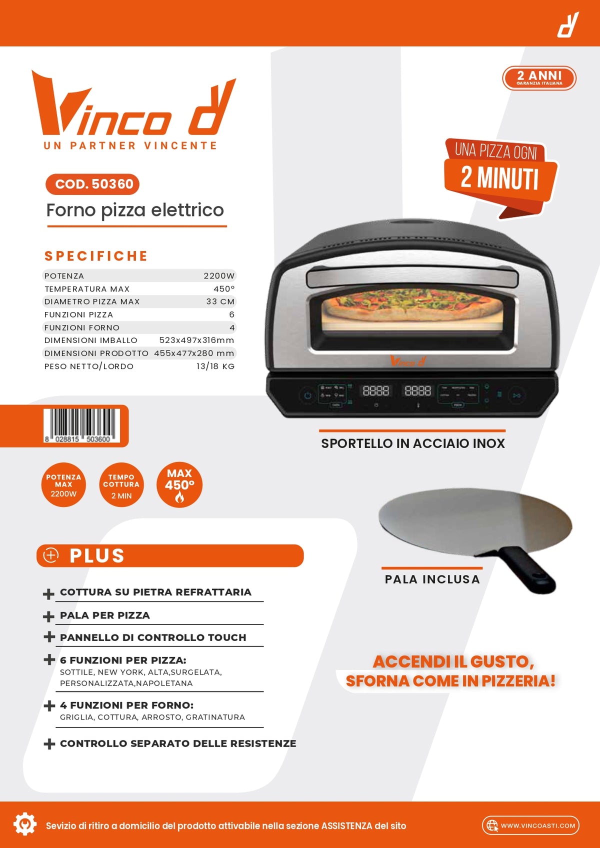 VINCO Forno Pizza Elettrico 50360 | 2200W | Ø33cm | Touch | Sportello Inox | 6 Funzioni
