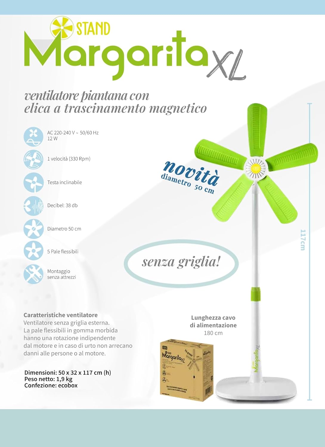 CFG - Ventilatore a Piantana Margarita XL Stand | Ø 50cm | 12W | Pale Magnetiche | Senza Griglia