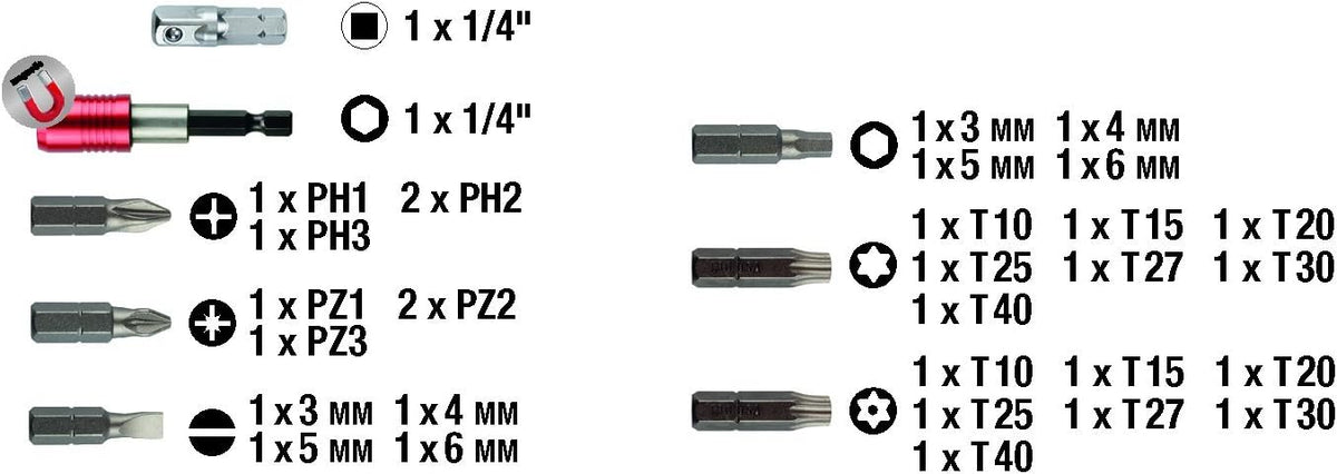 KWB 118490 set punte 32 pezzi scatola rossa portabit magnetico