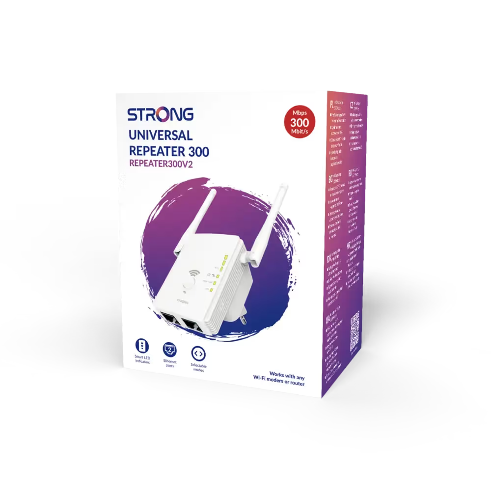 STRONG - Repeater Wi-Fi Universale 300V2 | 300 Mbps | 2,4 GHz | 2 Antenne | Access Point Router | WPA2