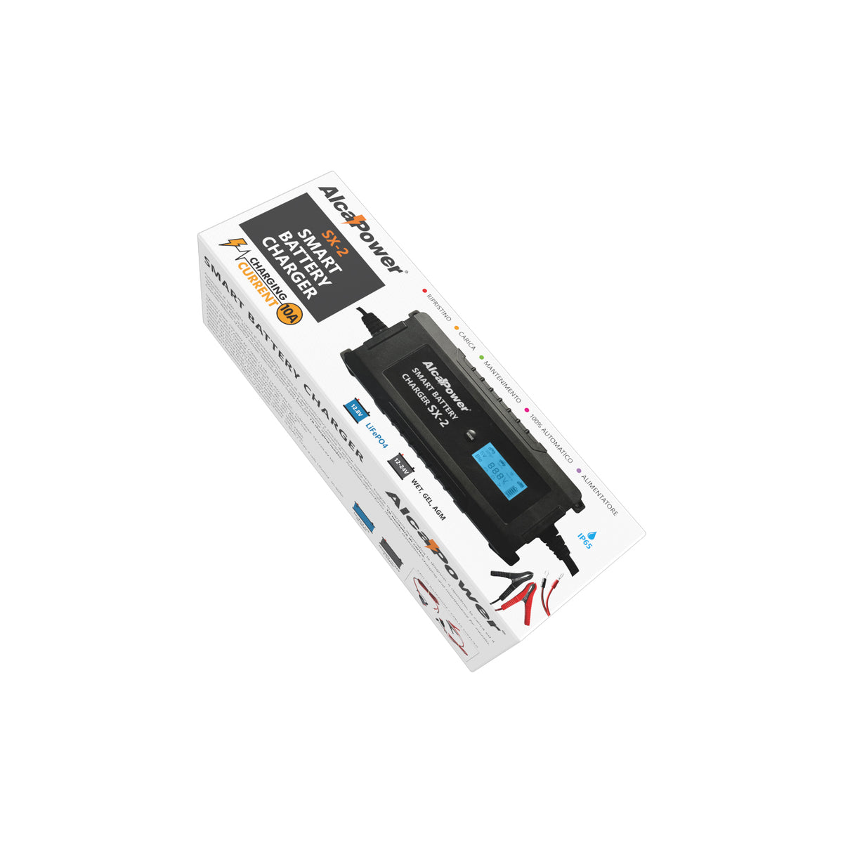 ALCAPOWER - Caricabatterie Automatico SX-2 10A | 12/24V | 4-240Ah | LiFePO4 & Piombo | Switch Auto