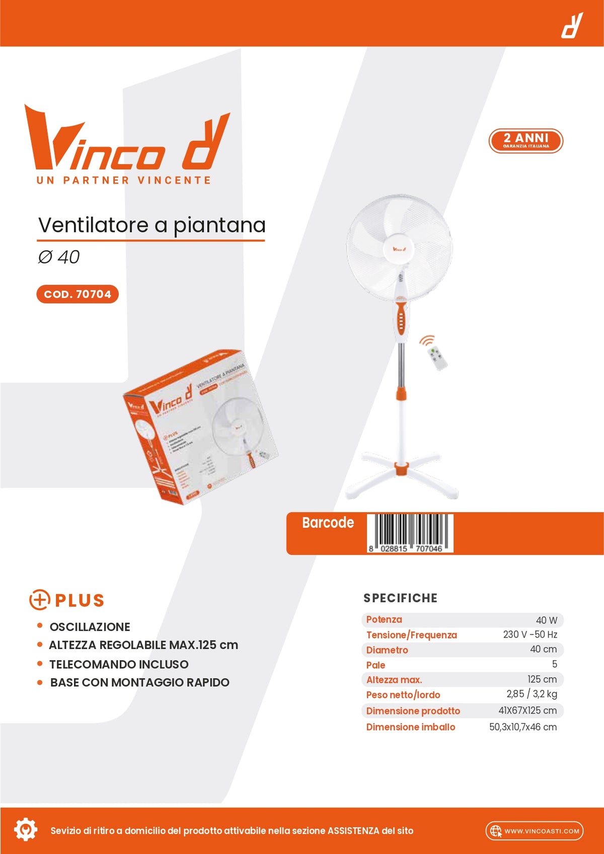VINCO Ventilatore Piantana | 40W | Ø40cm | 125cm | Telecomando | Timer 7,5h
