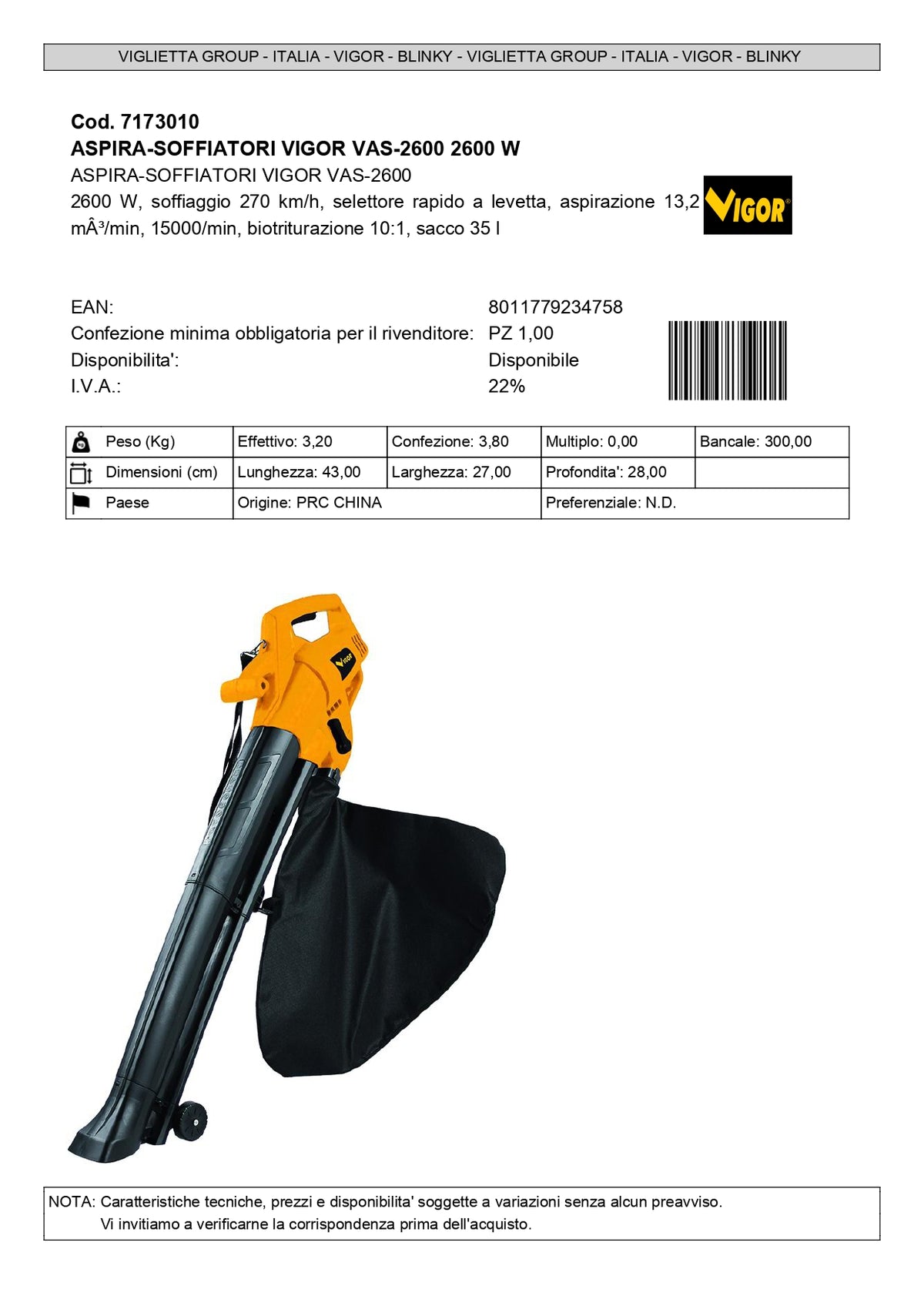 VIGOR - Soffiatore Aspiratore VAS-2600 | 2600W | 270 km/h | Biotrituratore | Sacco 35L