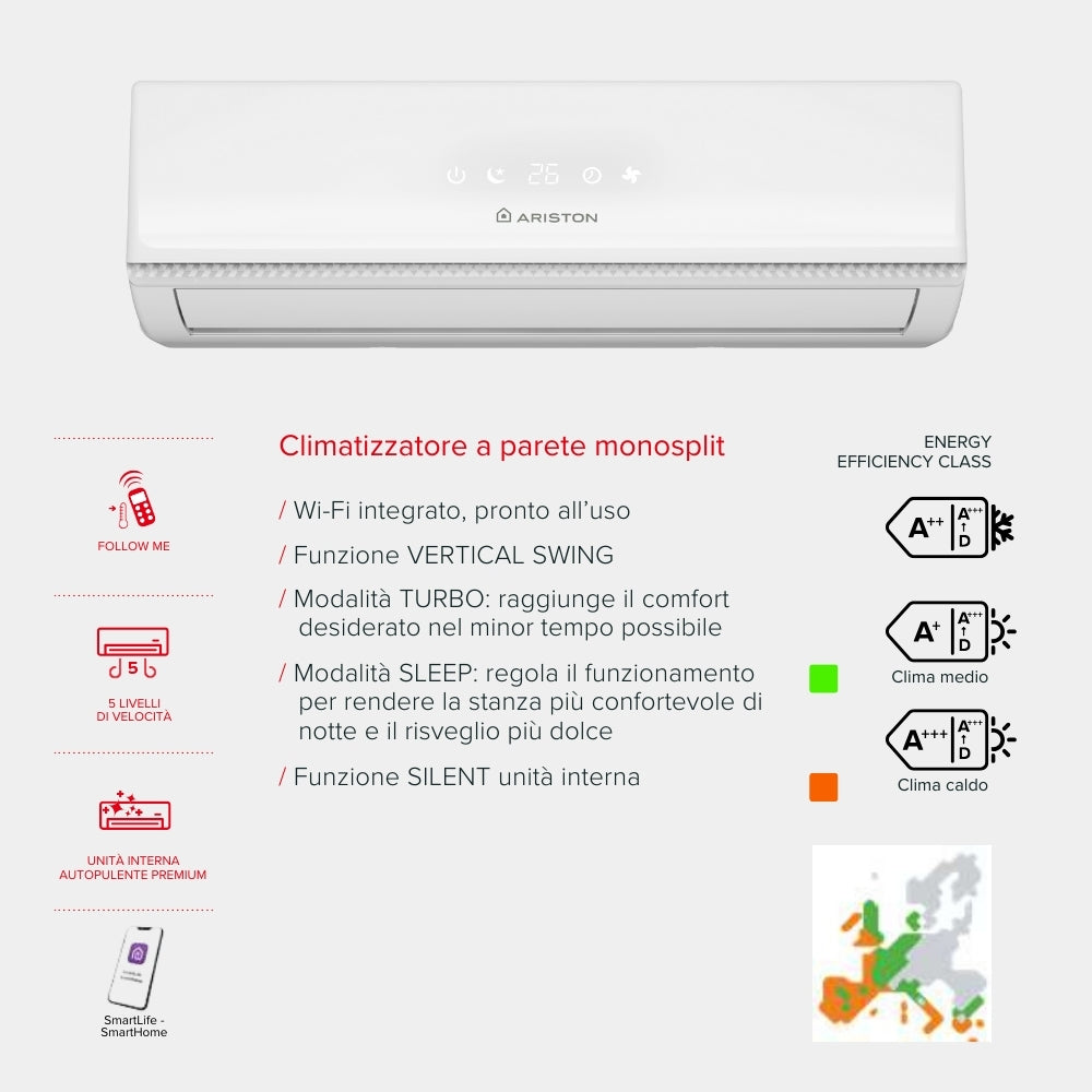 ARISTON - Condizionatore Monosplit AERES NET 35 MMA1 | 12000 BTU | Wi-Fi | Autopulente | Set Completo