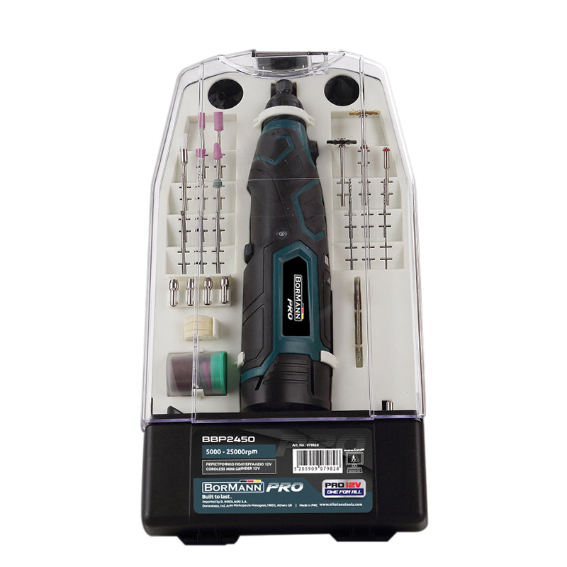 BORMANN Pro - Multiutensile Rotativo a Batteria BBP2450 | 12V 2Ah | 5.000-25.000 giri/min | Mandrino 3,2mm | Soft-Start | Kit Accessori