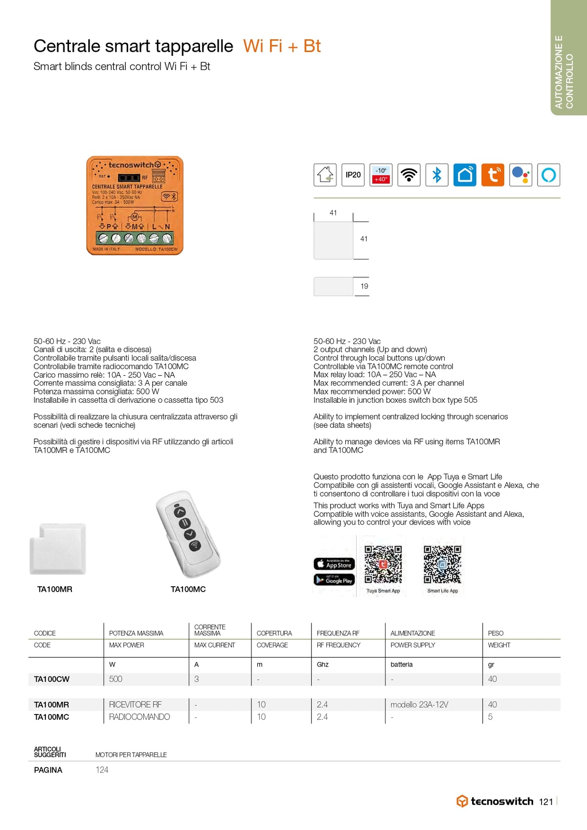 TECNO SWITCH - Centrale Smart Tapparelle TA100CW | Wi-Fi + Bluetooth | 230V | 2 Canali | 500W | App