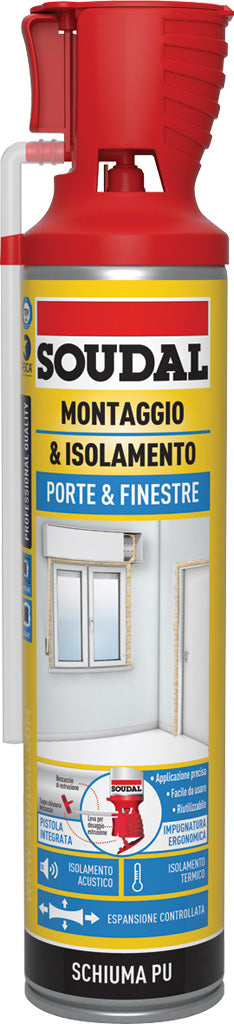 SOUDAL - Schiuma Poliuretanica Porte & Finestre Genius Gun 125639 | Bassa Espansione | 750ml | Riutilizzabile