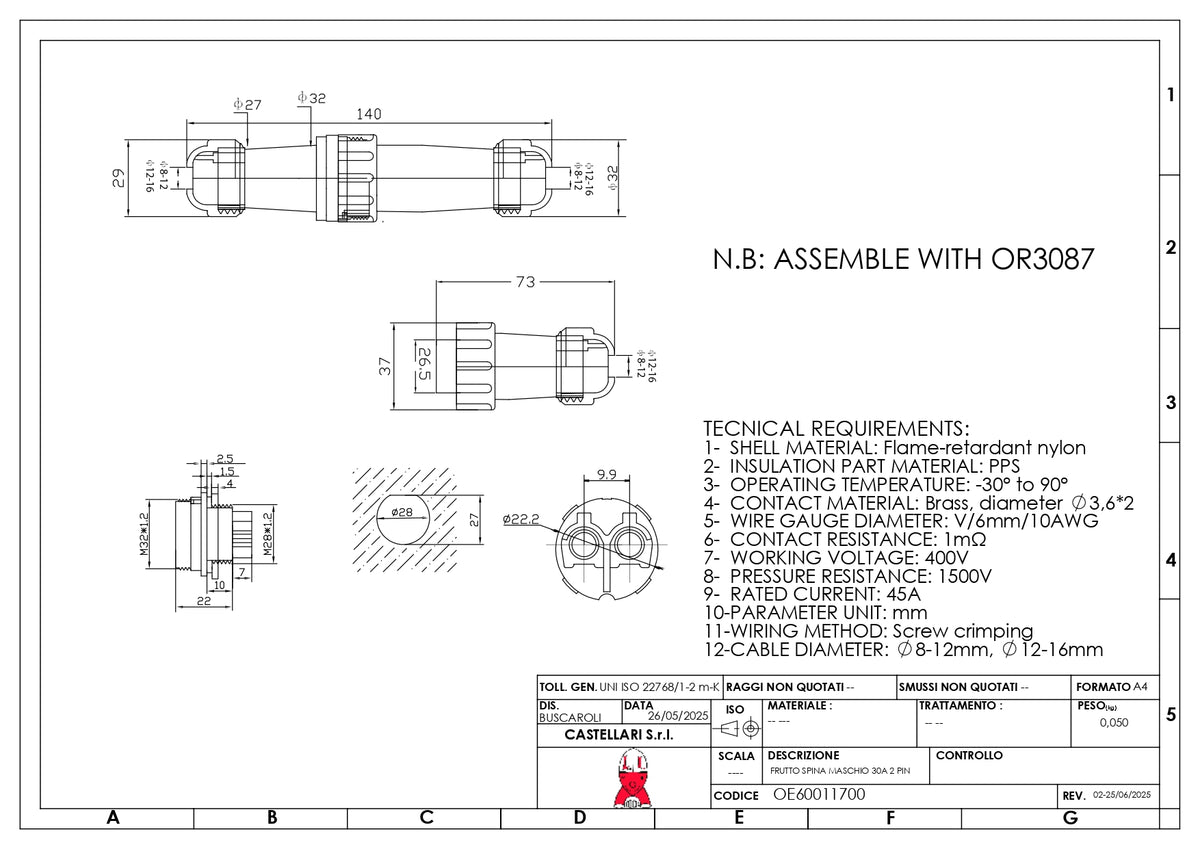 CASTELLARI - Coppia Connettori di Potenza OE600118 | 30A | 2 Pin | 600V | Cavi Abbacchiatori
