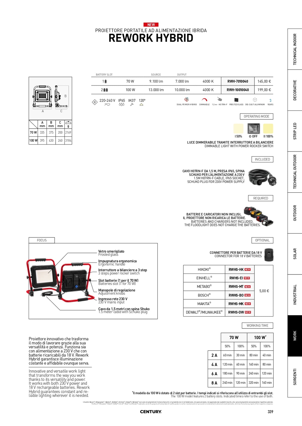 CENTURY - Proiettore Portatile LED Rework Hybrid RWH-7010040 | 70W | 7000 Lm | 4000K | IP65 | IK07
