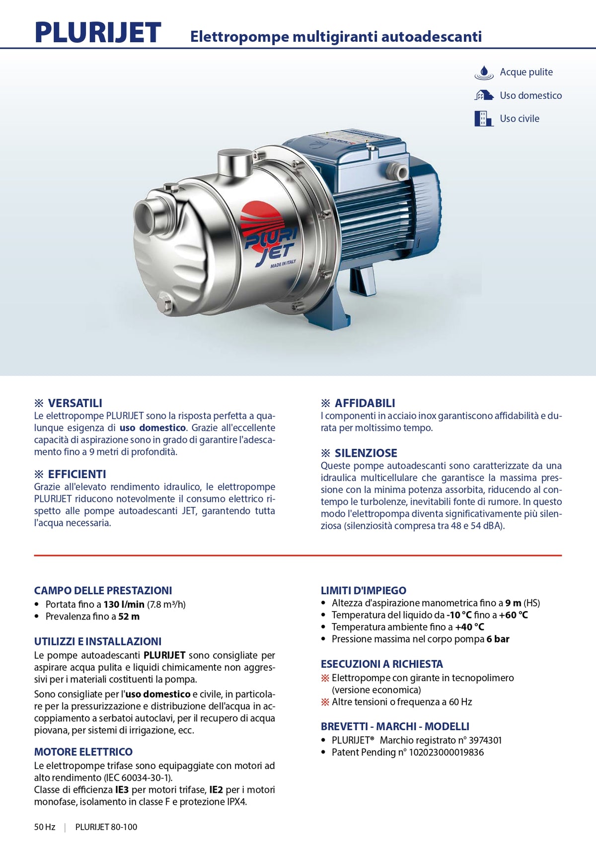 PEDROLLO – Elettropompa Multigirante Autoadescante PLURIJETm 4/80 | 0,75 HP | 80 l/min | Prevalenza 50m | Inox AISI 304