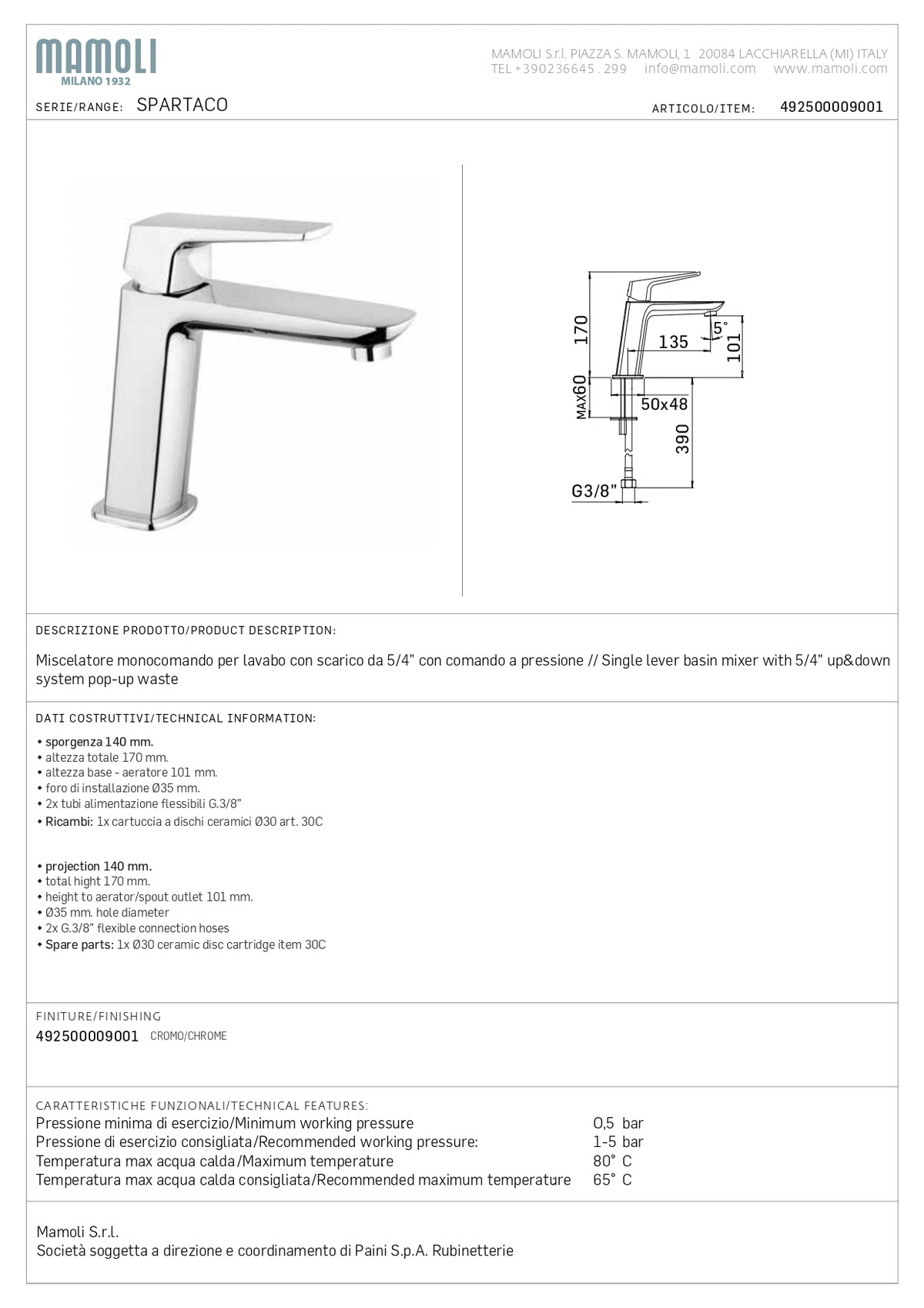 Mamoli Spartaco basin mixer with chrome finish and 140mm spout