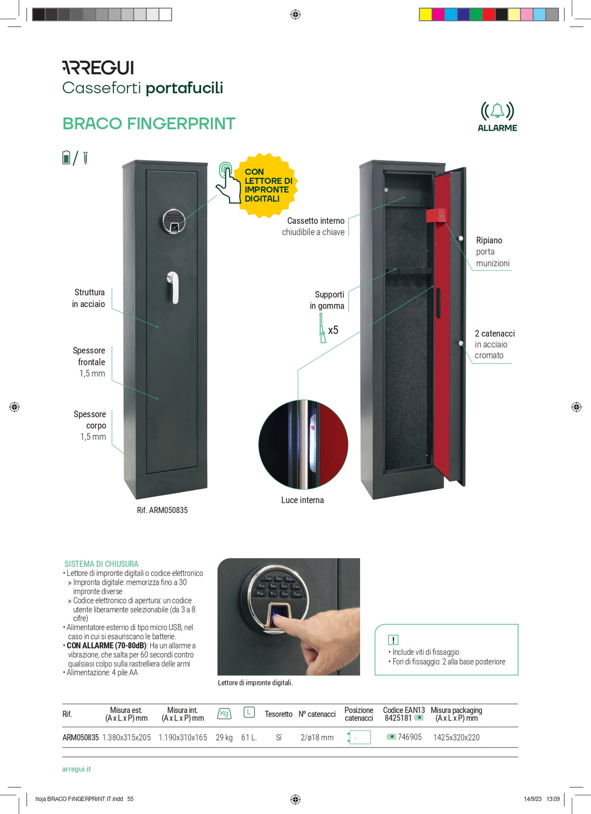 ARREGUI - Armadio Portafucili ARM050835 | 5 Posti | Impronte Digitali + Codice | Allarme 70dB | Cassetto con Chiave