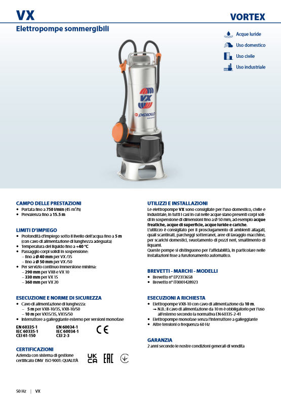 PEDROLLO - Elettropompa Sommergibile VXm 15/35 | Drenaggio Liquami | 1,1kW | 500 l/min | Cavo 10m