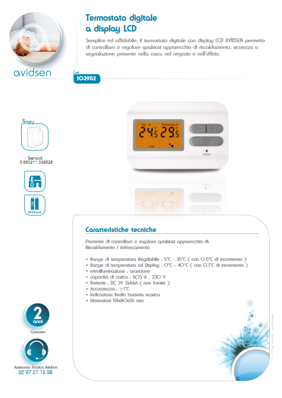 AVIDSEN - Thermostat numérique écran LCD 103952 | 5-35°C | Rétroéclairage orange | 6A 230V | Piles AAA