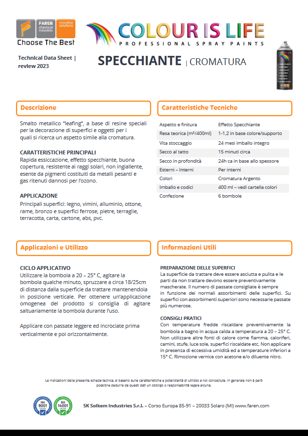 FAREN - Vernice Spray Specchiante Argento 7VI400 | Effetto Cromatura | Smalto Metallico Leafing | Acrilica