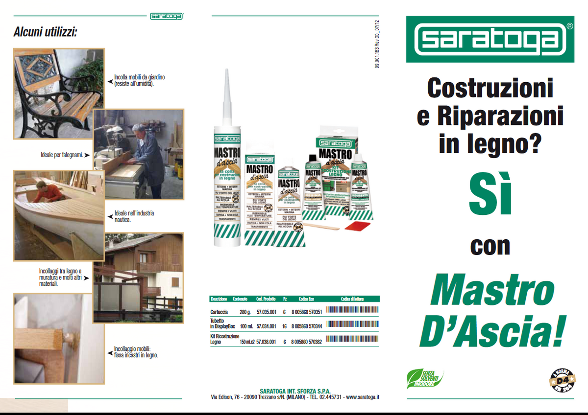 SARATOGA - Mastro d'Ascia Colla Poliuretanica Legno G57034001 | 100ml | D4 EN 204 | Resistente Acqua