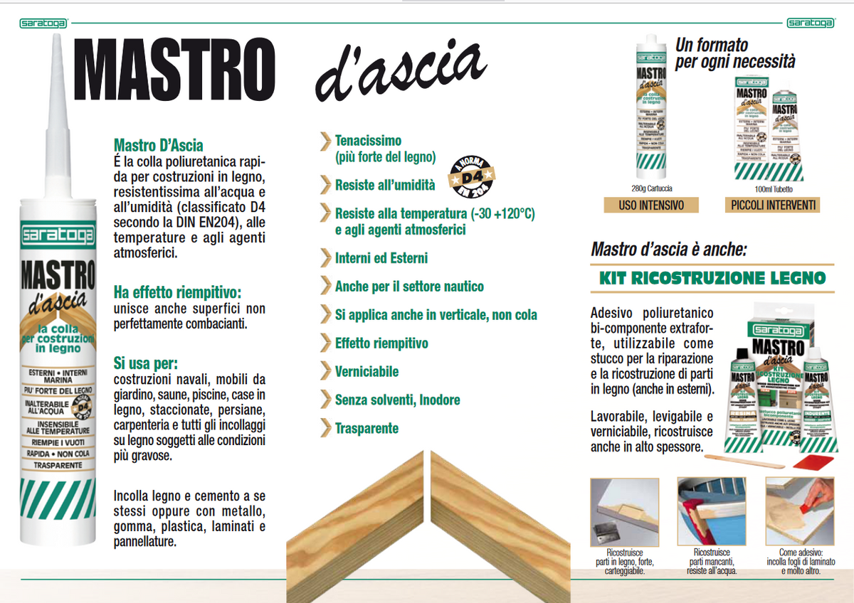 SARATOGA - Mastro d'Ascia Colla Poliuretanica Legno G57034001 | 100ml | D4 EN 204 | Resistente Acqua