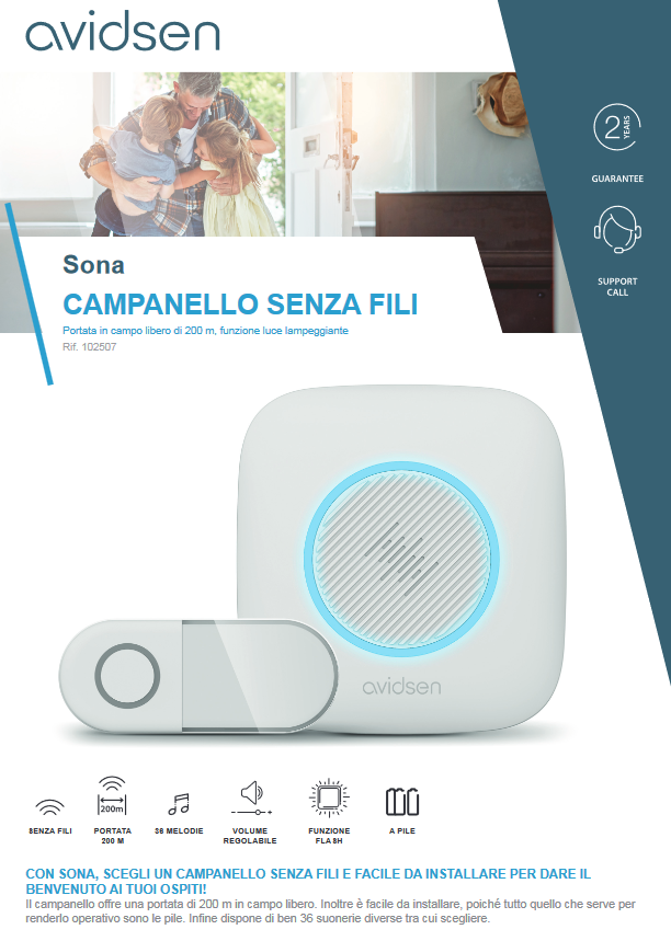 AVIDSEN - Suoneria Senza Fili SONA 102507 | 200m | Luce Lampeggiante | Volume Regolabile | Batteria