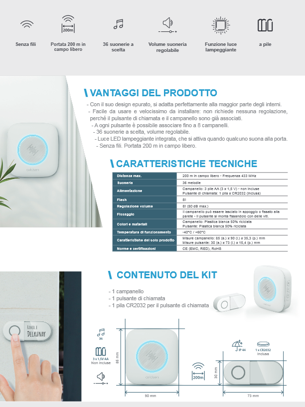 AVIDSEN - Suoneria Senza Fili SONA 102507 | 200m | Luce Lampeggiante | Volume Regolabile | Batteria