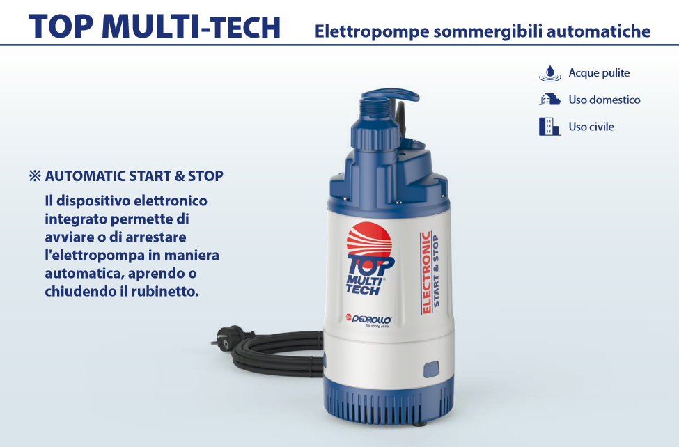 PEDROLLO - Elettropompa Sommergibile Automatica TOP MULTI-TECH 3 48TPMA170A1U | 0,75HP | 120 L/min | 30m | Start&Stop
