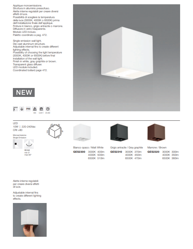 GEA LUCE - Applique LED Esterno GES2300/10/20 | 10W | CCT 3000K-4000K-6500K | Alette Regolabili 0-90° | IP65 | 3 Colori