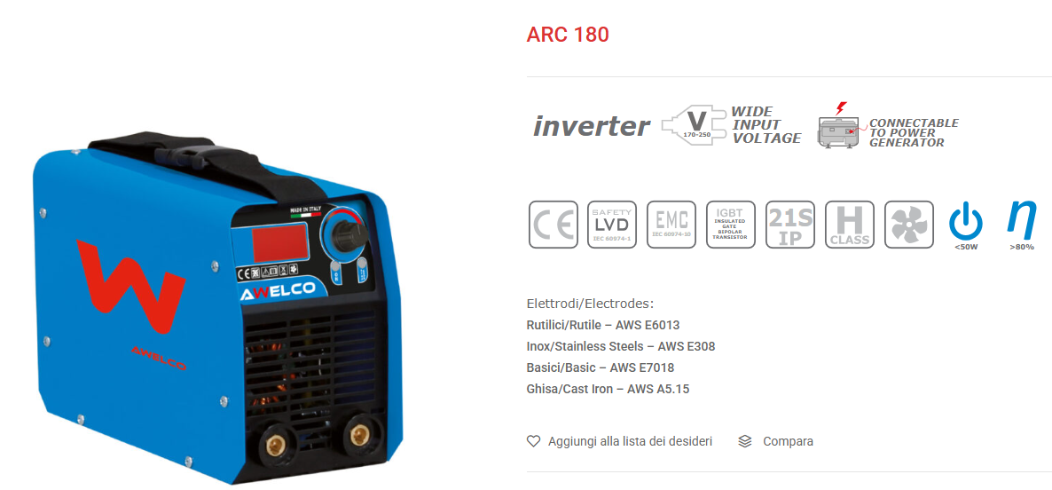 AWELCO – Saldatrice Inverter ARC 180 | 160A | Kit Completo | Professionale