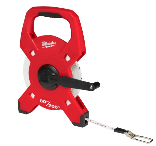 MILWAUKEE - Rotella Metrica 60m/200ft 48225360 | Fibra di Vetro | Cassa Aperta | Ingranaggi Planetari 3:1 | Doppia Scala