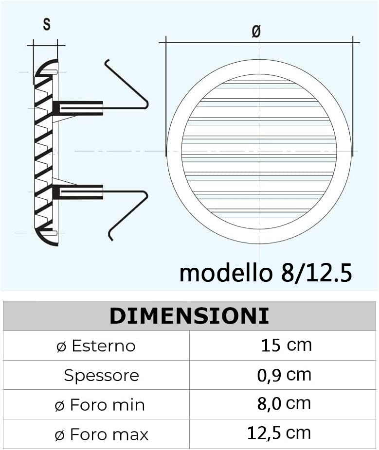 Griglia Aerazione Universale con Molle ABS Bianca 701128 | Ø 80mm / Ø 125mm | Installazione a Scatto