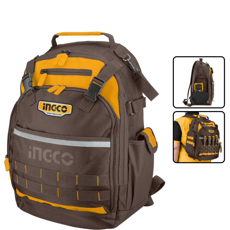 INGCO - Werkzeugrucksack HBP01028 | Stabiler Rahmen | 38x17x46cm | Tragfähigkeit 8kg | Oxford 600D Polyester | Außentaschen
