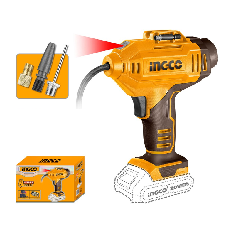 INGCO - Compressore Portatile a Batteria CACLI2018E | 20V | 150 PSI / 10,34 BAR | Luce LED | 3 Adattatori | Solo Corpo