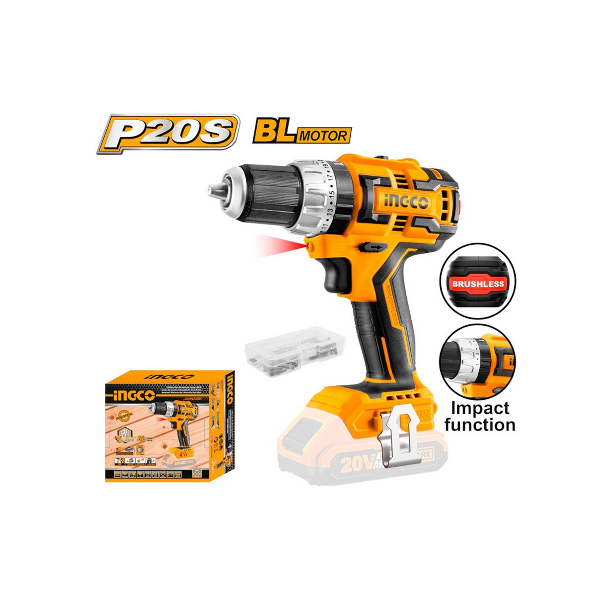 Trapano avvitatore BRUSHLESS 20V nudo ( solo corpo ) - INGCO